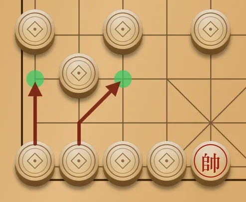 Góc bàn cờ bên Đỏ: quân úp ở ô của Xe đi thẳng lên hai ô, quân úp ở ô của Mã đi theo hình chữ L